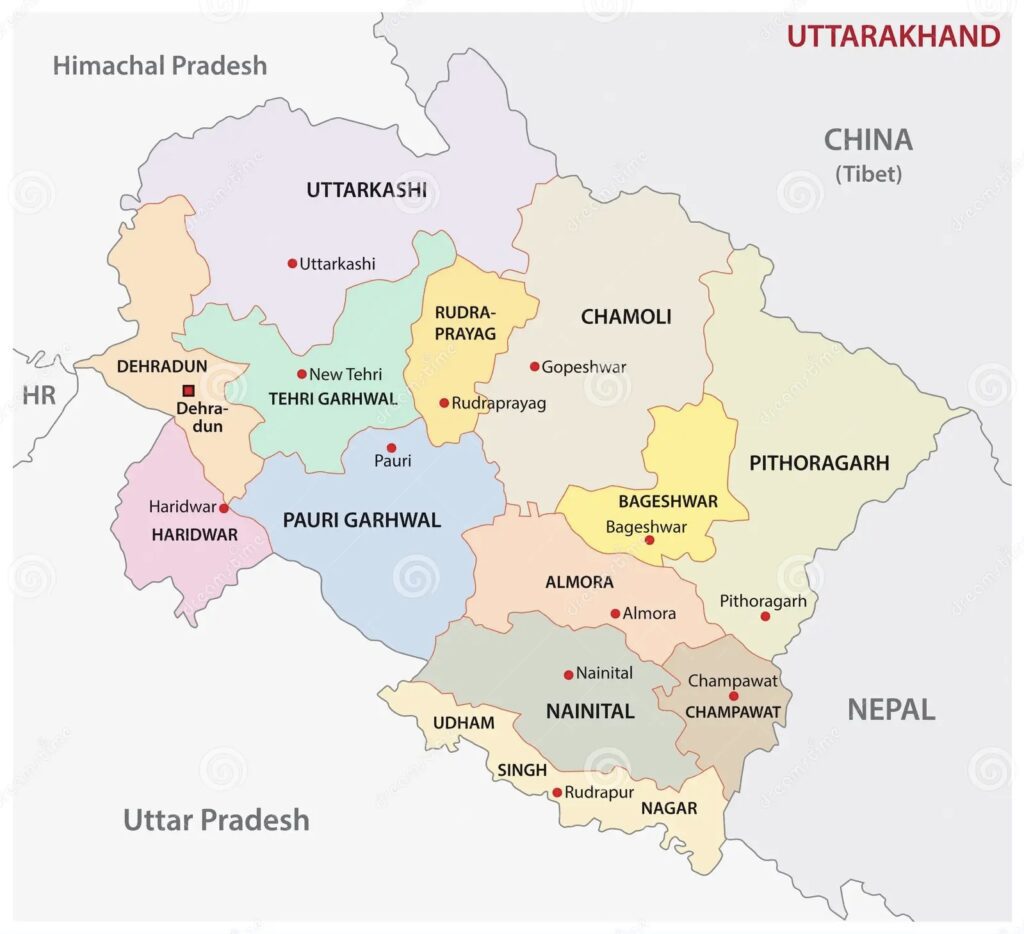 Map of Uttarakhand showing Garhwal and Kumaon regions, key cultural zones of language, costumes, and folk dances