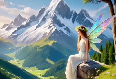 Fairy sitting near Khait Parvat Uttarakhand with snow-covered Himalayan peaks in the background